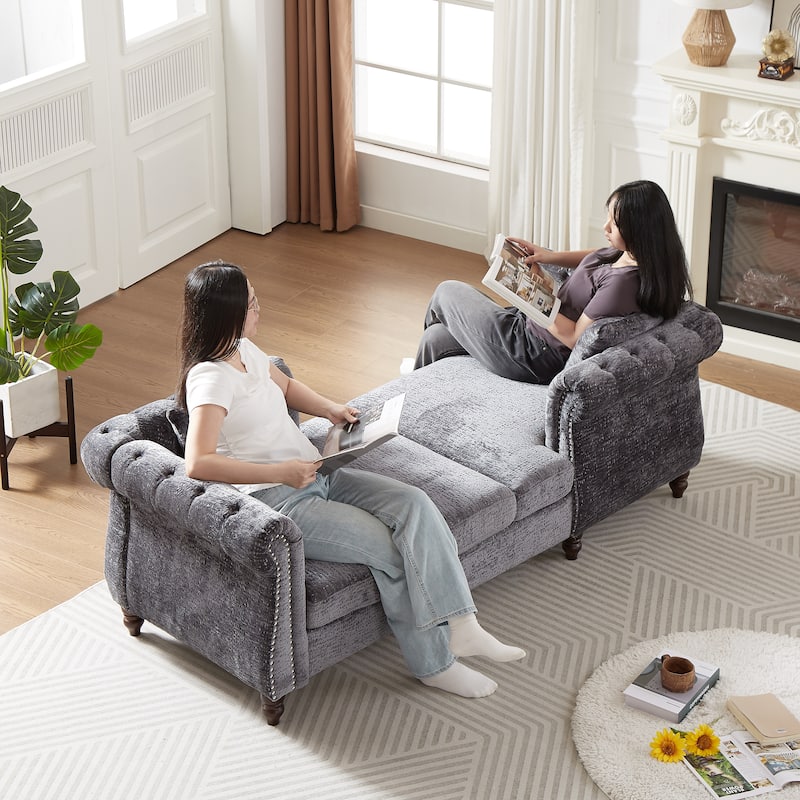Roomfitters 81" Face-to-Face Chaise Lounge in Chenille, Button Tufted Rolled Arm Sofa with Nailhead Detailing