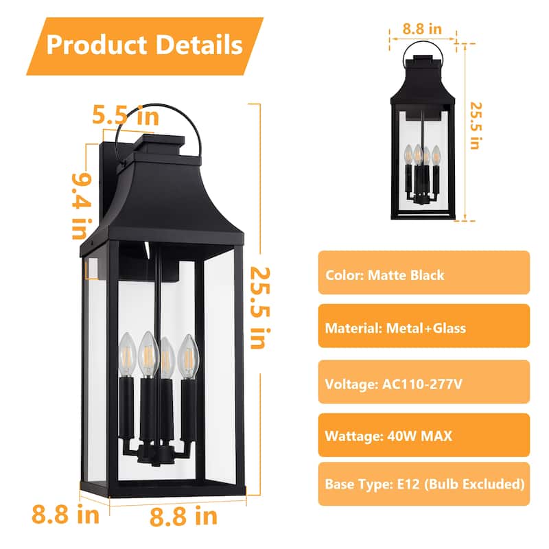4-light Outdoor Wall Light With Matte-black Lantern & Clear Glass