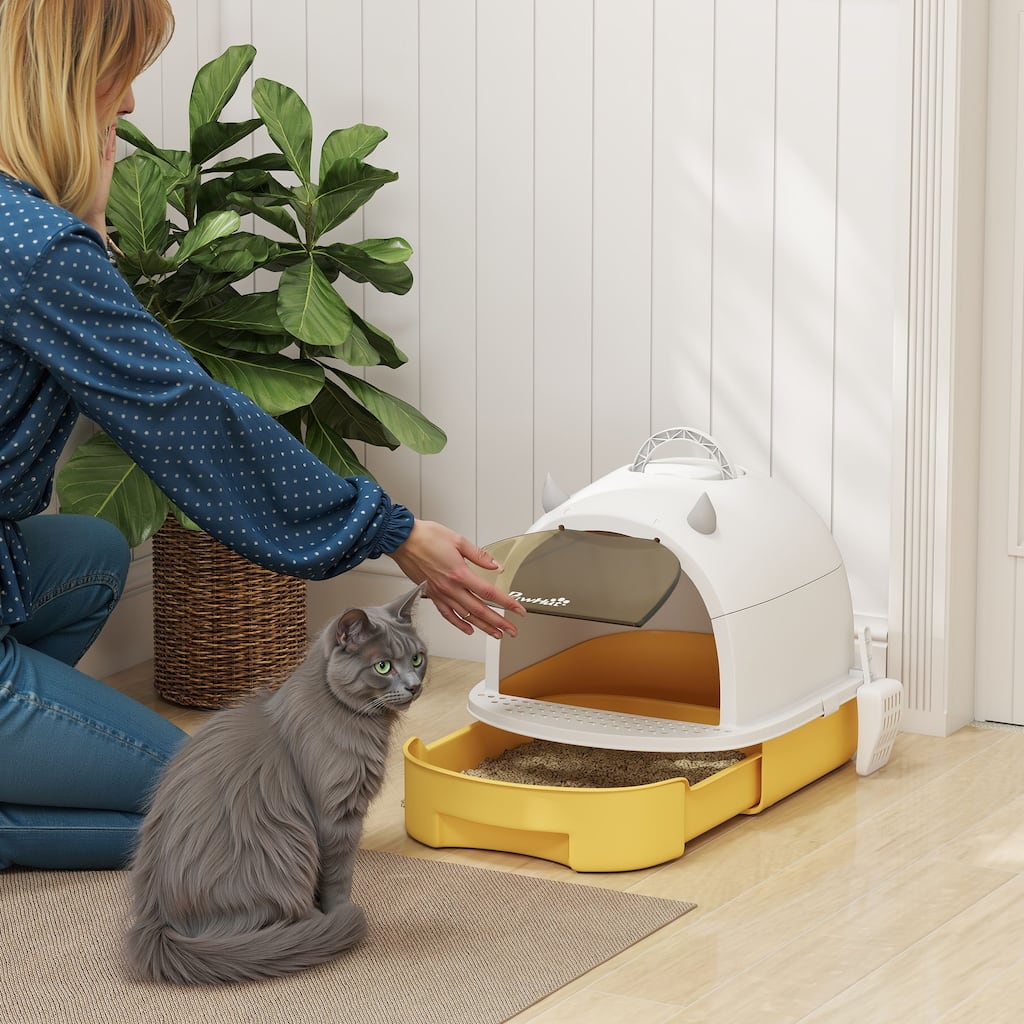 PawHut Cat Litter Box, Covered Kitty Litter Box with Lid, Scoop, Deodorizing Bags for Odor Control, Green