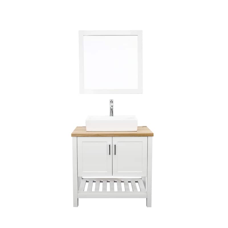 32" White Bathroom Vanity with Sink, Solid Wood Cabinet and Open Shelf