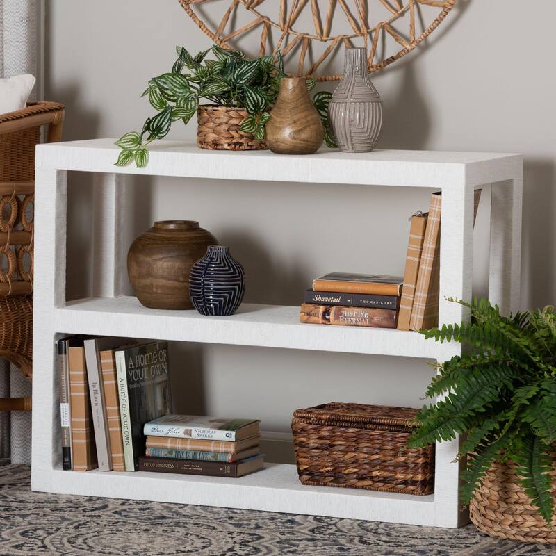Oaklynn Natural Grasscloth Bookshelf - Two-Tier Display Piece with Open Frame, Modern Coastal Accent Shelving for Living Room