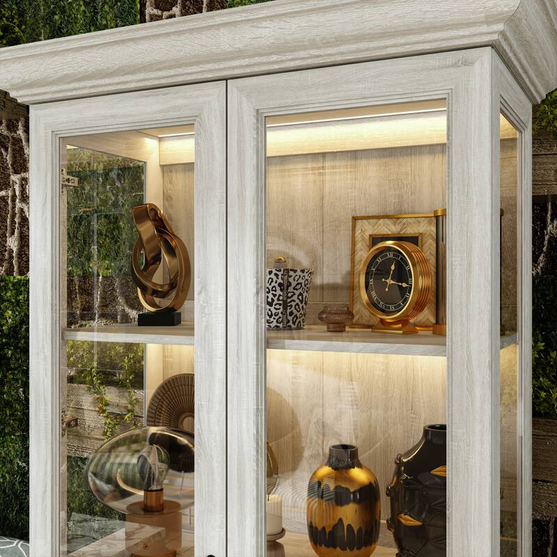 Gray Oak Glass Display Cabinet w/LED Light Strip, Tall Bookshelf with Door Bookshelves Bookcase