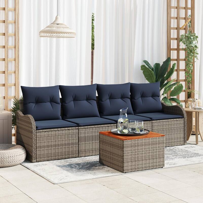 vidaXL 5 Garden Sofa Set with Cushions Black/Grey Poly Rattan - 92.1 x 24.4 x 27.2 - Grey
