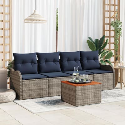 vidaXL 5 Garden Sofa Set with Cushions Black/Grey Poly Rattan - 92.1 x 24.4 x 27.2
