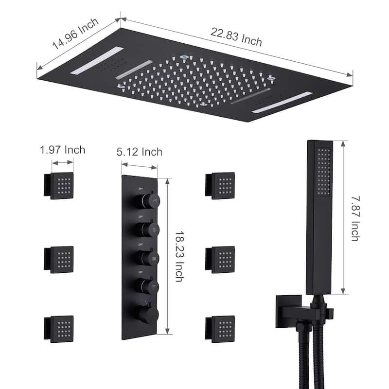 Luxury 4-Spray Patterns 23 in. Ceiling Mount Shower System with Handheld Shower Head, 6 Body Jets, LED, and Music - 15" x 23"