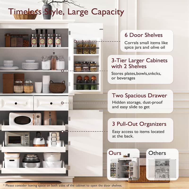 71" Tall Kitchen Pantry Cabinet with 3 Pull-Out Organizers, Freestanding Cupboard With Adjustable Shelves, Versatile Storage