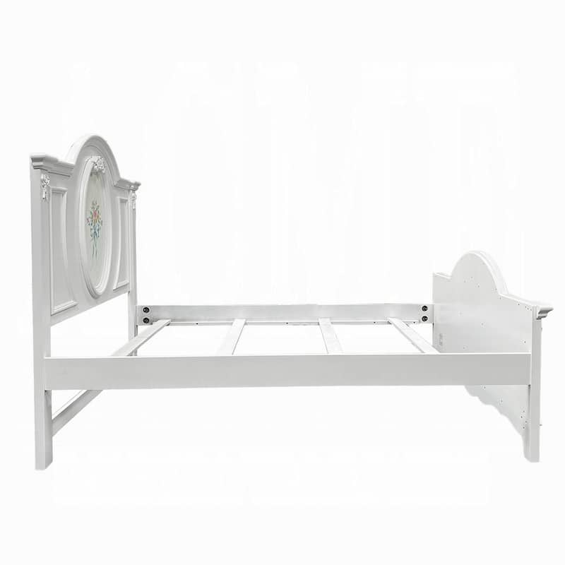 Auri Full Size Bed, Floral Motifs Arched Headboard, Classic White Wood
