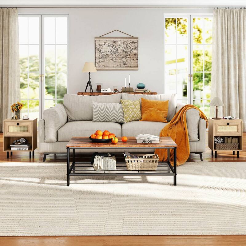 Costway 1/2 PCS Rattan Nightstand Boho End Table with Drawer & Open - See Details