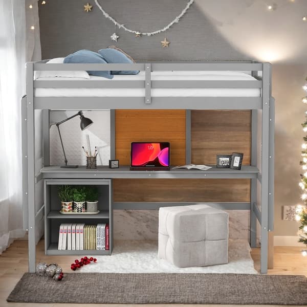 slide 2 of 15, Impression Twin size Loft Bed with Desk, Writing Board and 2 Drawers Cabinet, Sturdy construction & Unique design, Grey Grey