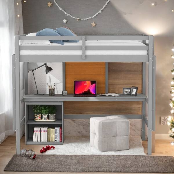 slide 2 of 15, Twin size Loft Bed with Desk, Writing Board and Drawers Cabinet, Grey Grey