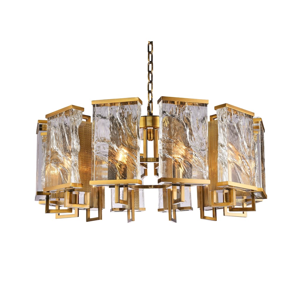Transitional 12-Light Brass Chandelier With Crystal Plaques