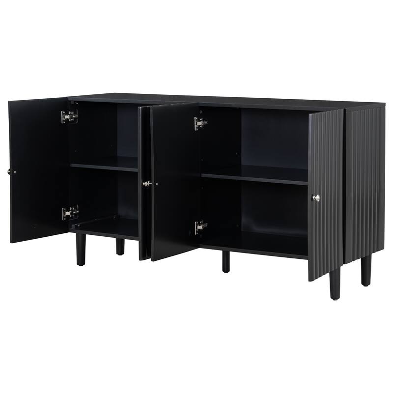 Anmytek Black Ribbed Sideboard Cabinet Modern Dining Room Storage with Four Textured Doors