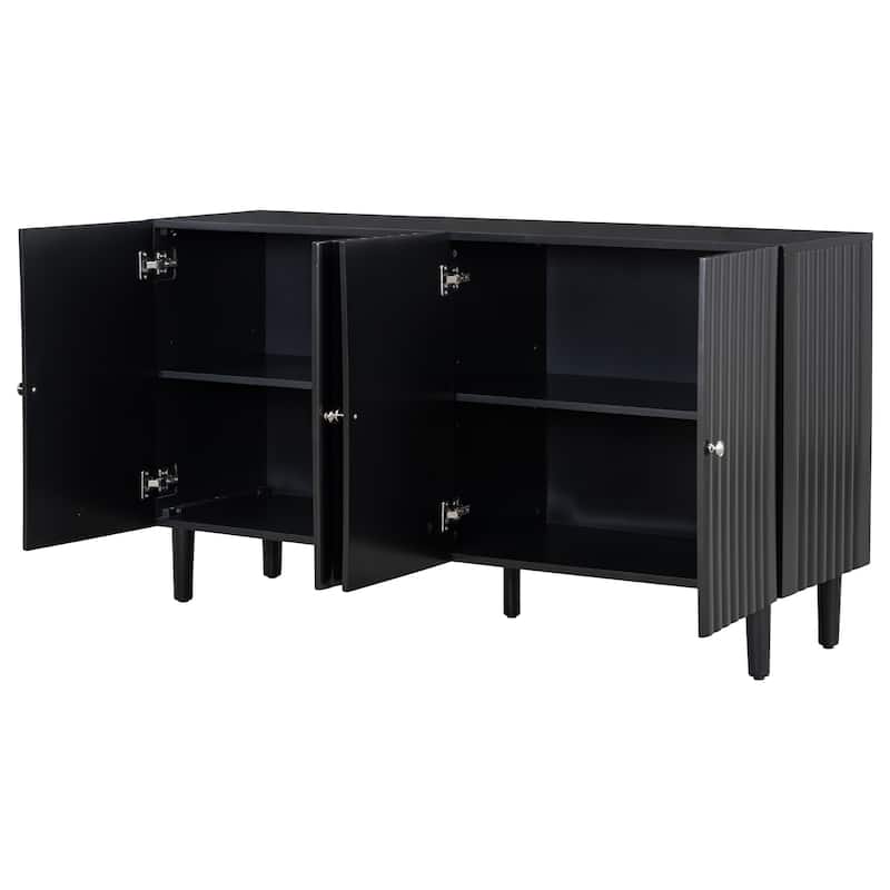 Rubber Wood 4 Door Sideboard with Wavy Pattern Doors and Cylindrical Legs, Storage Cabinet with Metal Door Handle