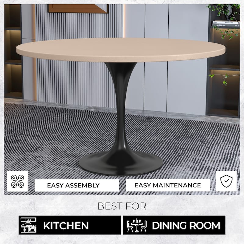 Verve Modern 48" Round MDF Solid Wood Top Accent Dining Table with Black Stainless Steel Base for Home Kitchen or Dining Room