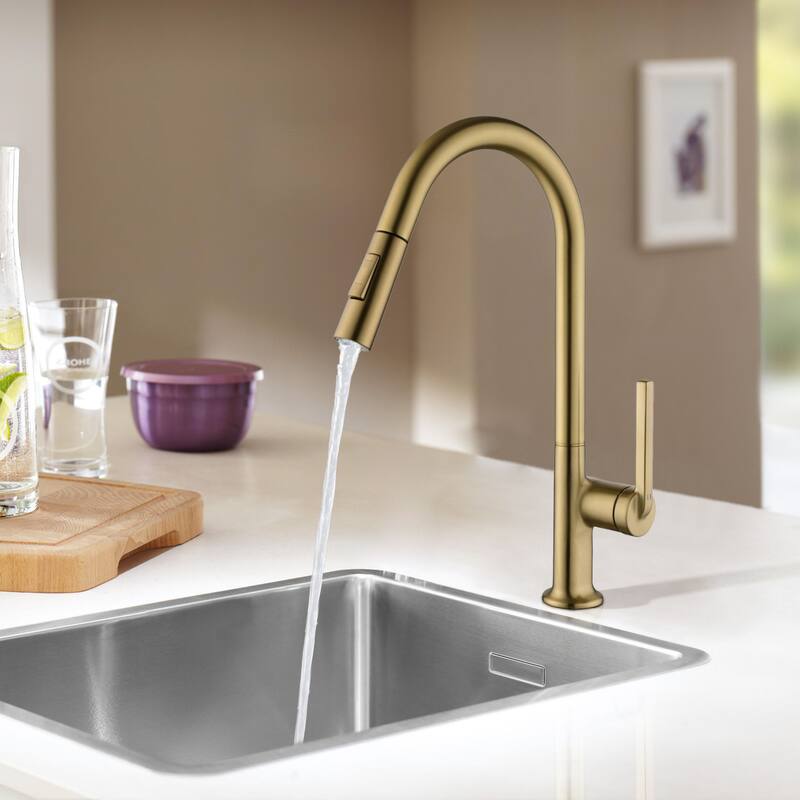 Modland 17''H Gooseneck Pull Down Kitchen Faucets For Kitchen Sinks in Gold