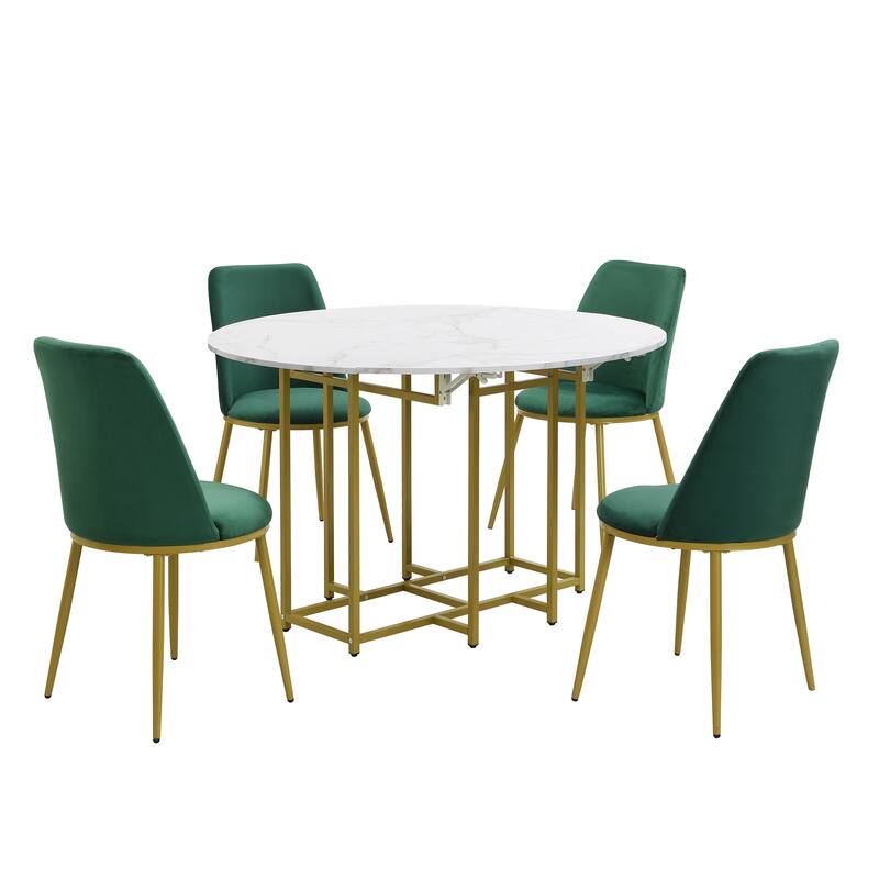5-Piece Extendable Kitchen Dining Table Set- Round Faux Marble Top, 4 Upholstered Chairs, Compact Foldable Design