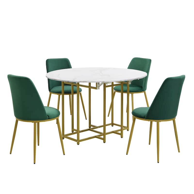 Roomfitters Space-Saving 5-Piece Extendable Dining Table Set with Round Faux Marble Top, 4 Upholstered Chairs