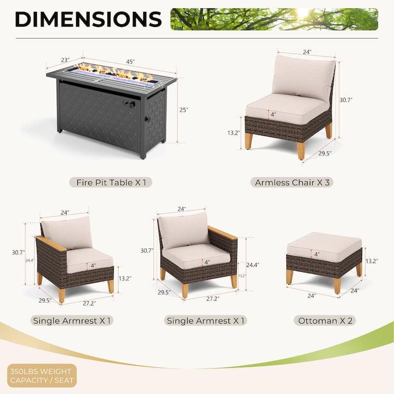8-Piece Patio Outdoor Wicker Sectional Sofa Set, Large Seating Furniture Conversation Sets with Fire Pit Table