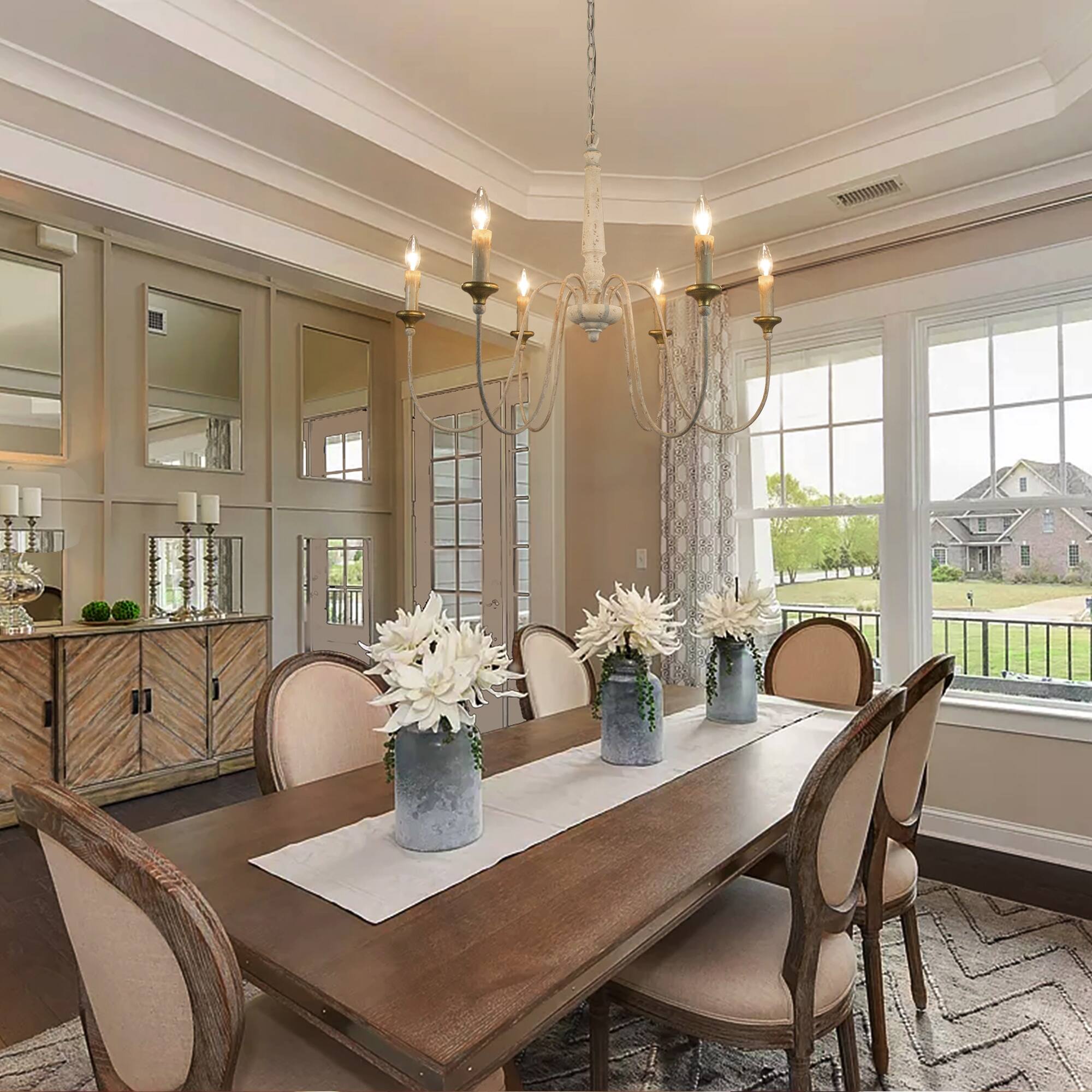 Modern Farmhouse Candle 6Light Rustic White Chandelier Wood Wheel