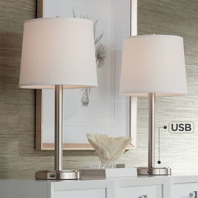 Set of 2 Modern Table Lamps with USB Brushed Steel Off White - 12" x 25"