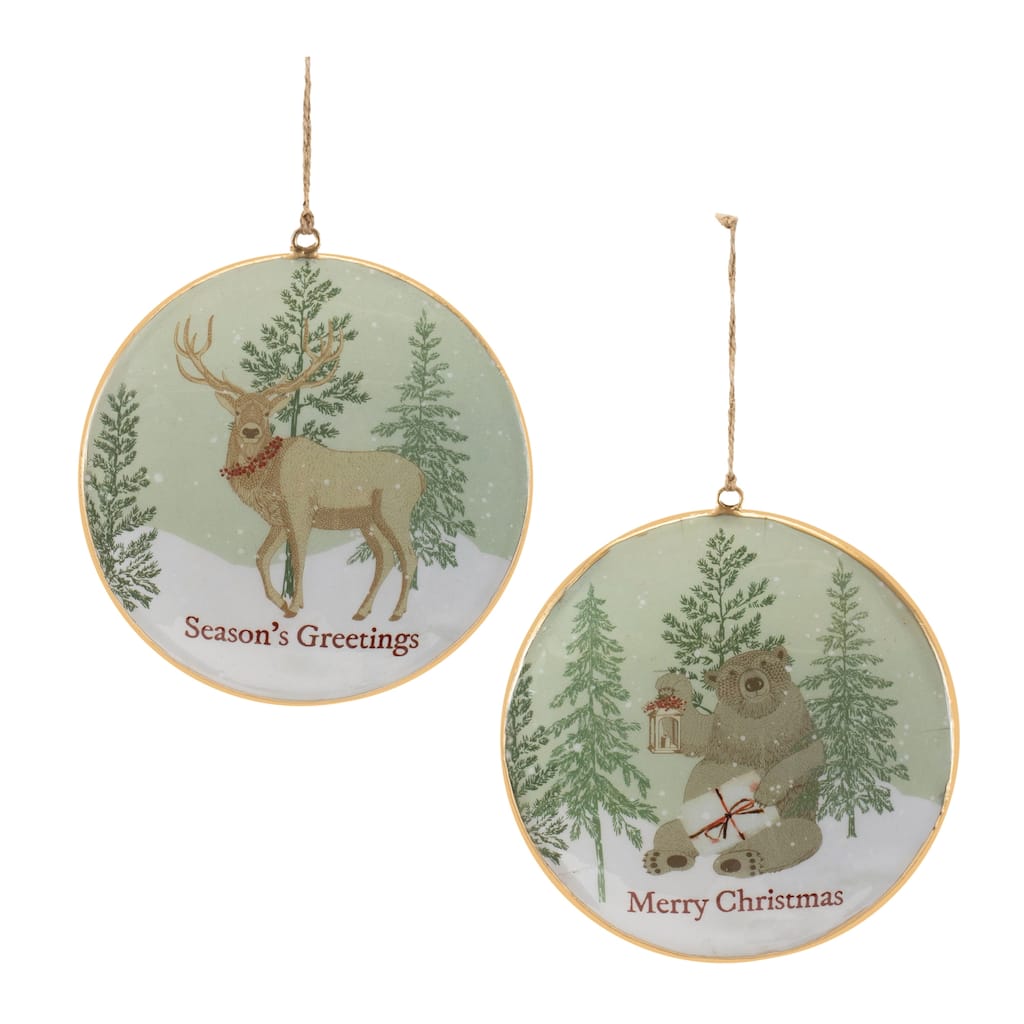 Set of 6 Woodland Christmas Ornaments with Bear and Deer Design Round Disc Holiday Tree Decor - 5.75”L x 1.25”W x 5.75”H