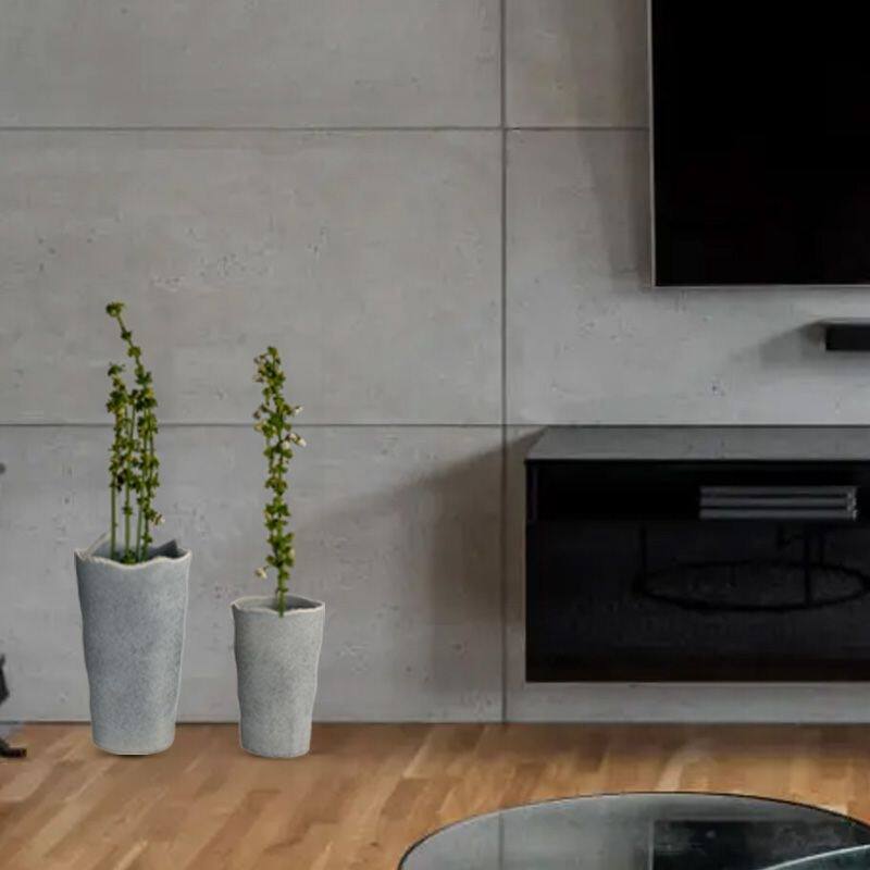 Set of Two Grey Ceramic Planters with Scalloped Edges