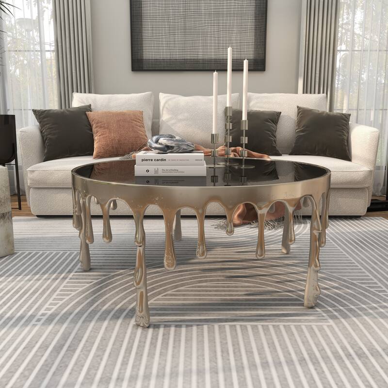 Aluminum Metal Accent, Console, and Coffee Table Collection with Drip Melting Design and Smoke Shaded Glass Top Multiple Colors