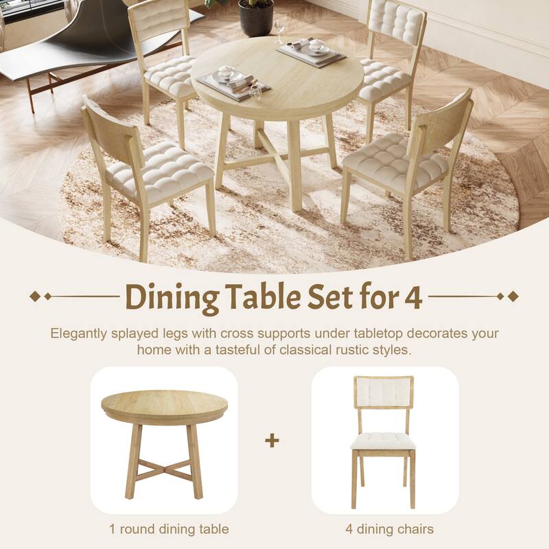 42inch Round Dining Table Set with Cross Legs and Upholstered Chairs