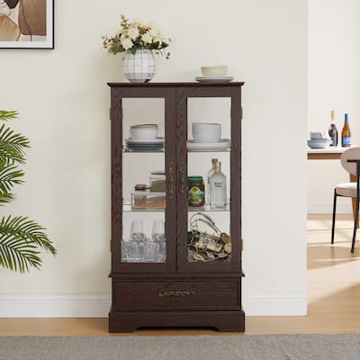 Elegant Lighted Glass Curio Cabinet with Drawer,Includes Bulb