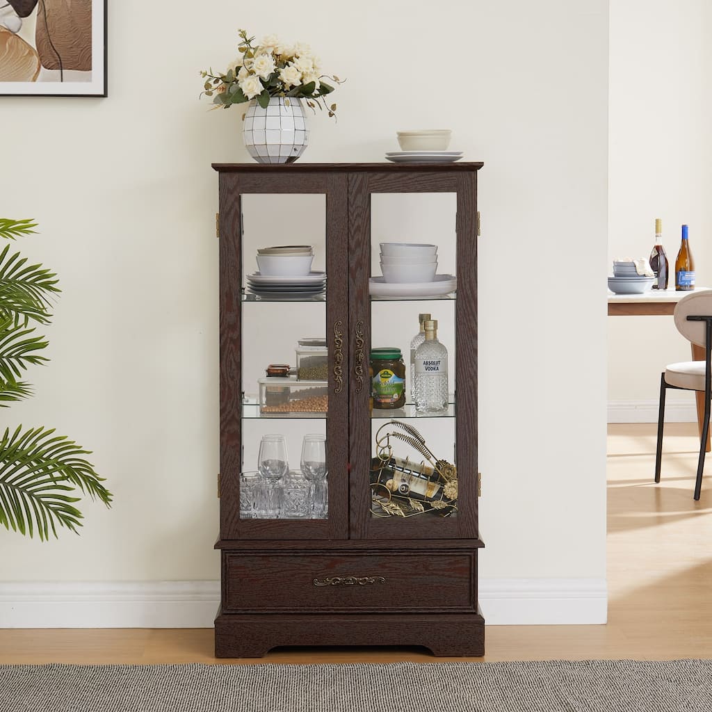 Elegant Lighted Glass Curio Cabinet with Drawer,Includes Bulb
