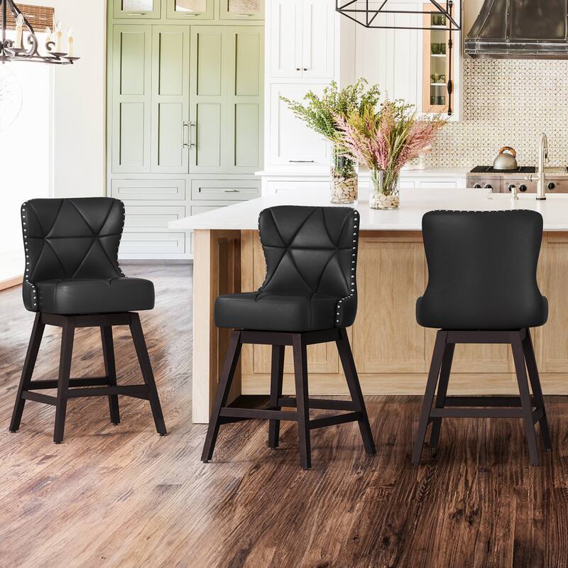 Modern 26 in. H Counter Height Bar Stools Upholstered 360 Free Swivel Counter Stools with Nailhead Trim - Set of 3 - Black