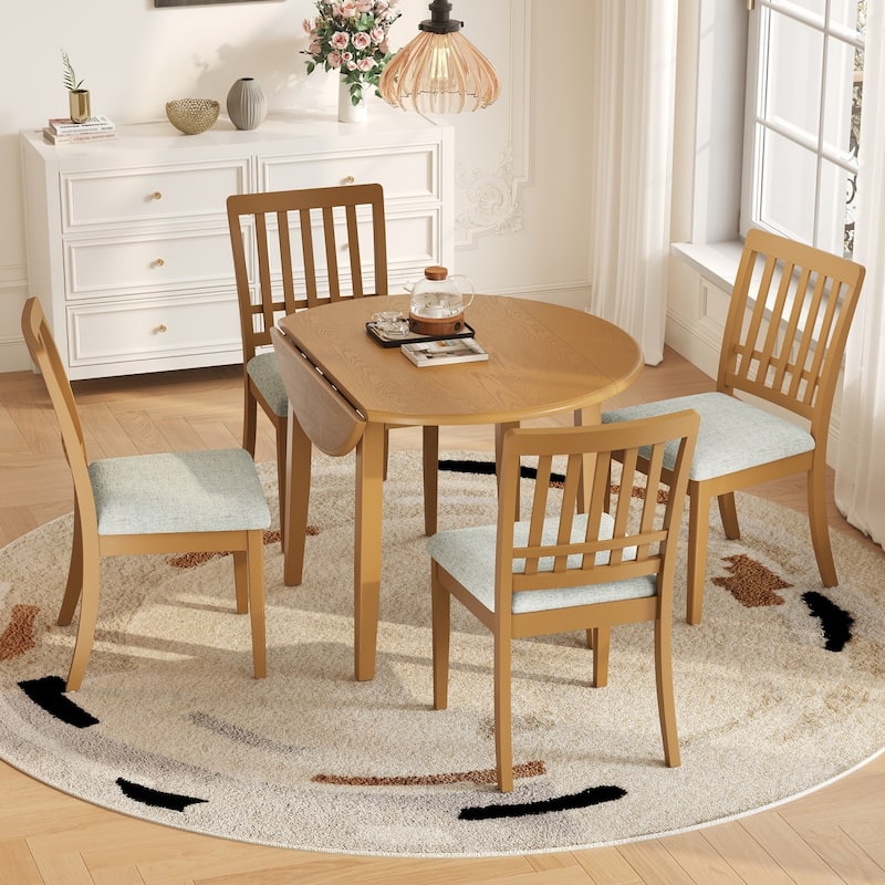 5-Piece Dining Set, Folding Wood Dining Table and 4 Upholstered Chairs - Light Brown
