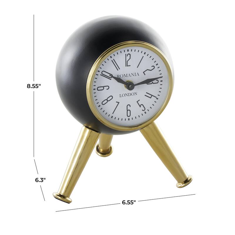 Aluminum Metal Orb Decorative Clock with White or Black Clockface and Gold Tripod Legs - Black or Silver - Roche River Decor