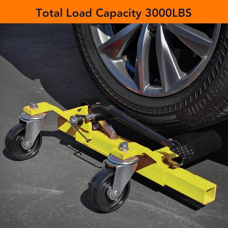 2-Pack Heavy-Duty Car Wheel Dolly and Jack Set 1500-lb Capacity with Ratcheting Foot Pedal and Casters Yellow