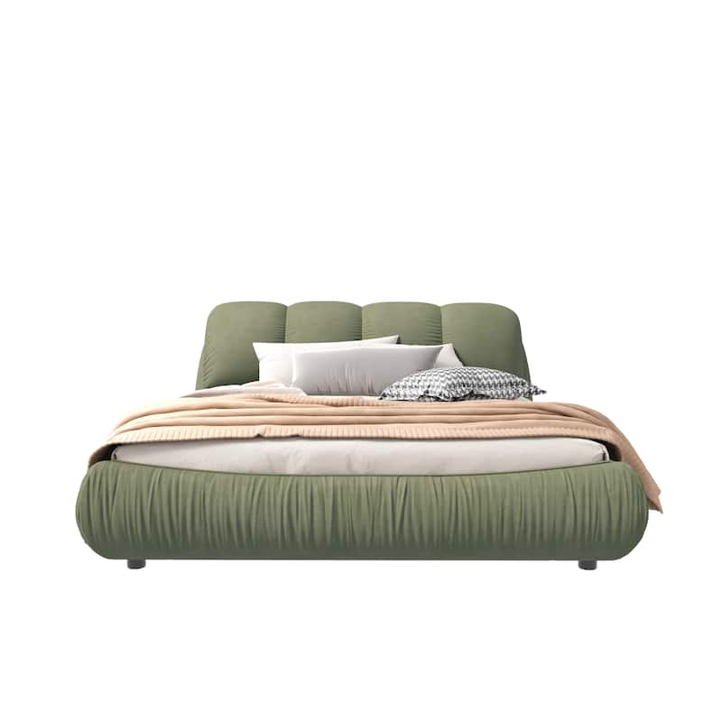 King Size Upholstered Bed Frame with Extra-Wide Cushioned Headboard, Solid Pine Slats & Adjustable Mattress Height