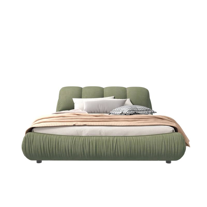King Size Upholstered Platform Bed with Oversized Headboard, Solid Wood Frame, and Polyester Fabric, Green