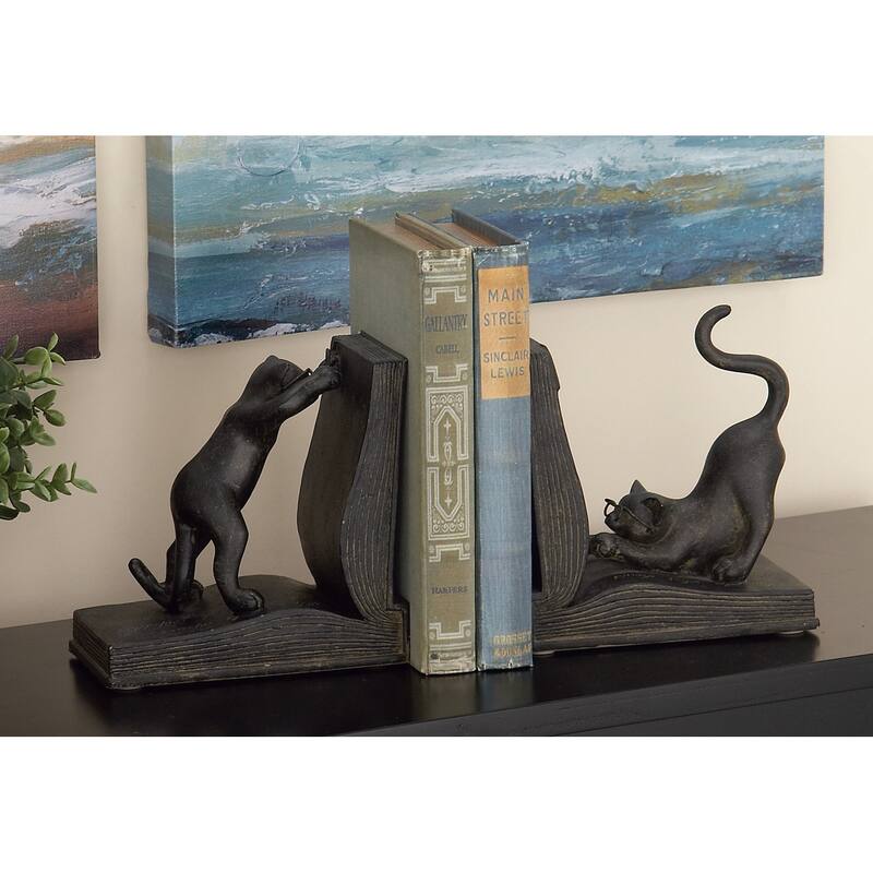 Black Polystone Reading Cat Decorative Bookends (Set of 2) - Black