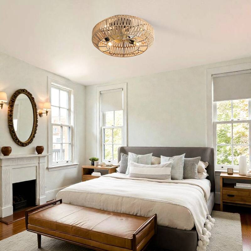 22 Inch Boho Caged Ceiling Fan with Enclosed Rattan Shade, 6-Speed Reversible DC Motor, Remote, E26 Bulb Compatible