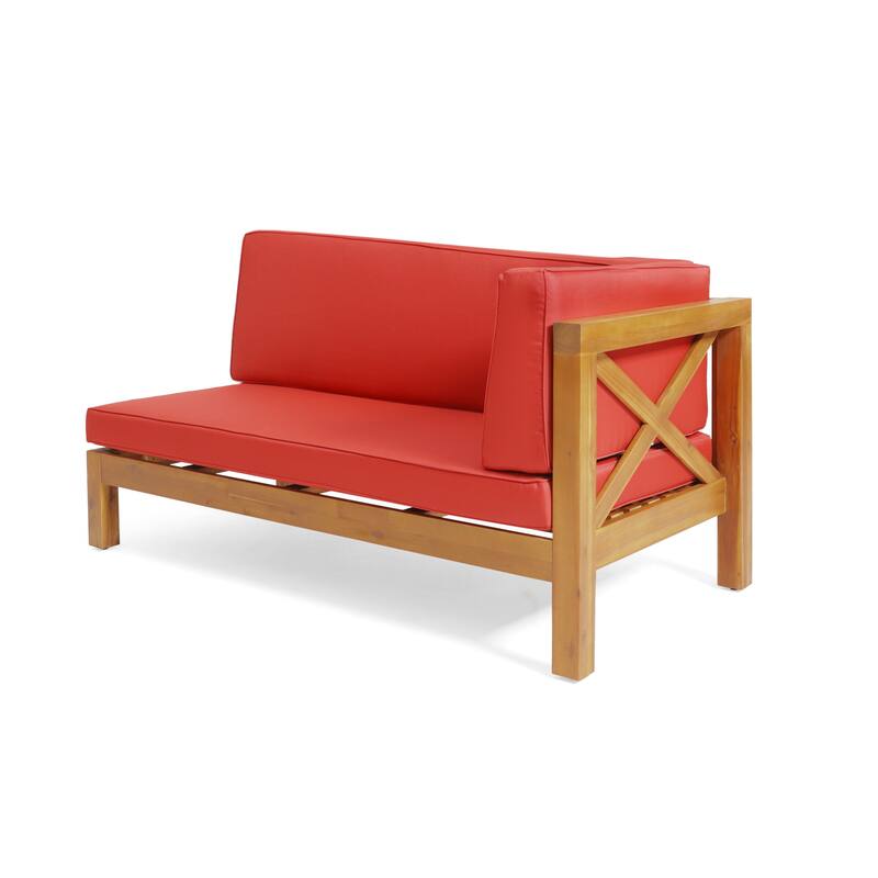 Acacia Wood Outdoor Corner Bench Set with Coffee Table Cross-Back Design Red Cushions