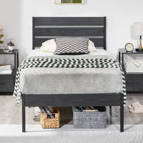 VECELO Industrial Wood Bed Frame with Headboard, Twin/Full/Queen Size Platform Beds, 3 Color Options