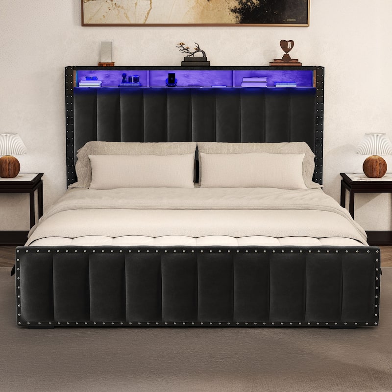 Velvet Upholstered Platform Bed with 4 Storage Drawers and RGB LED Lights&Charging Station