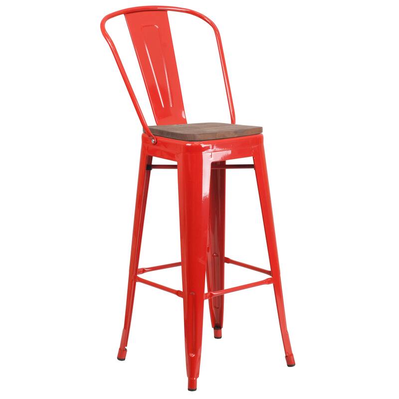 30" High Metal Barstool with Back and Wood Seat - 17.75"W x 20"D x 45.25"H