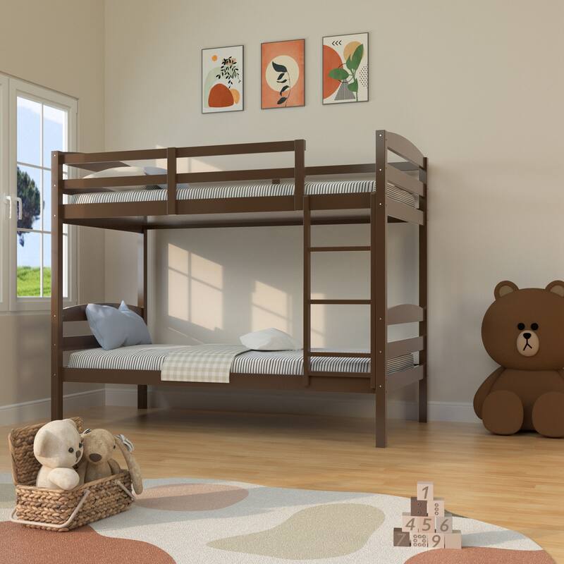 Modern Espresso Solid Wood Twin Over Twin Bunk Bed with Ladder