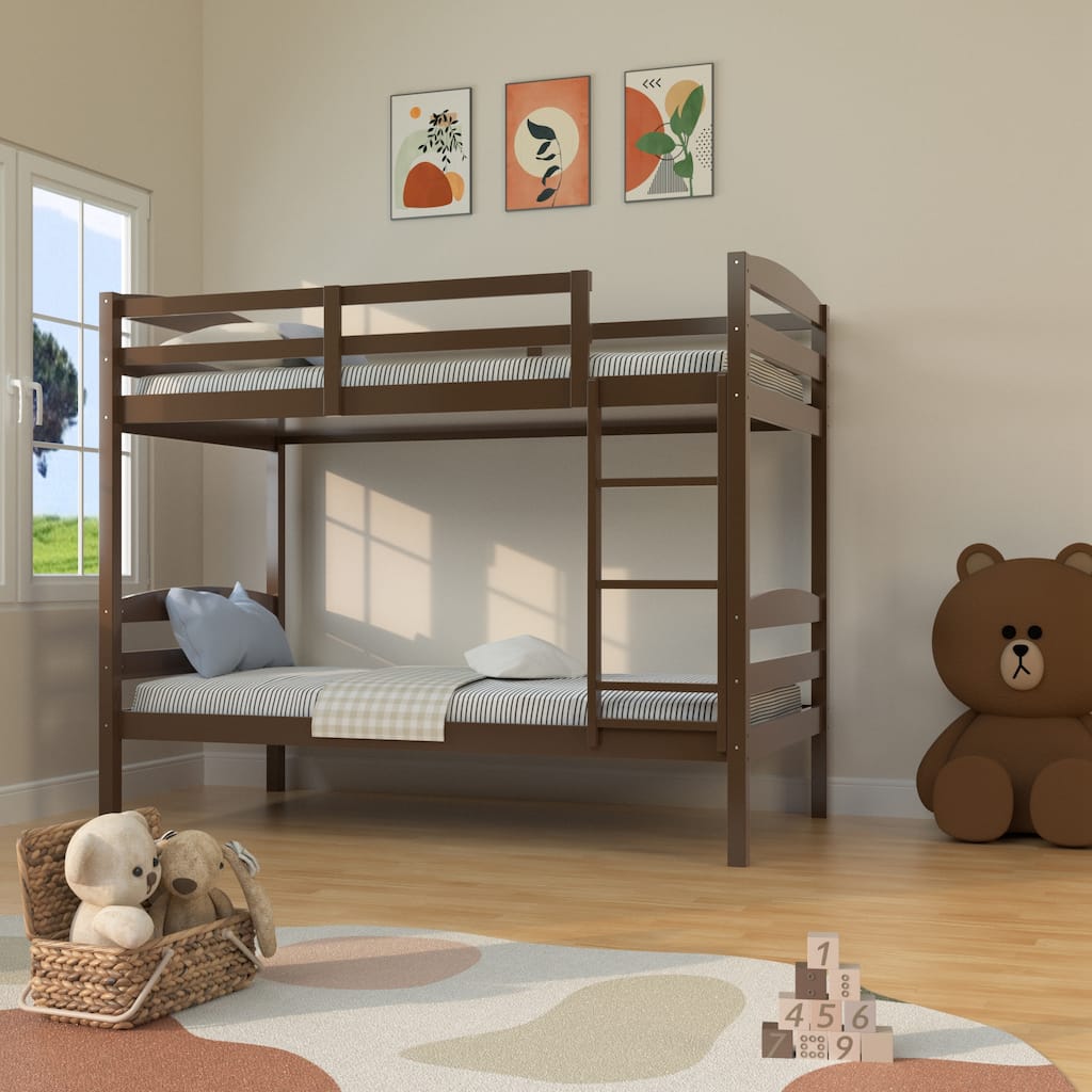 Modern Espresso Solid Wood Twin Over Twin Bunk Bed with Ladder