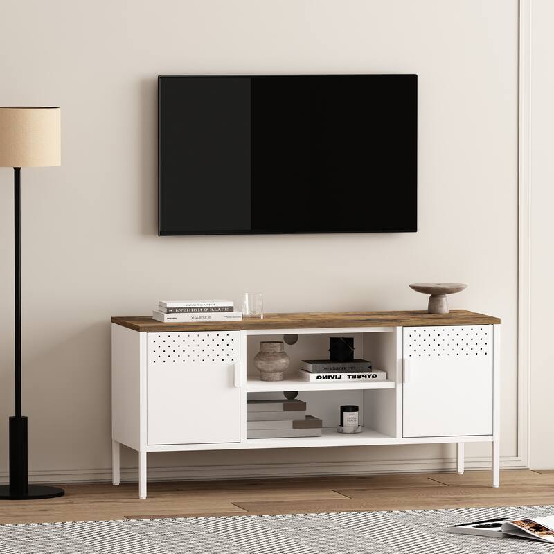 Metal Storage Cabinet with Wood Top and 6 Shelves for 40 Inch TV