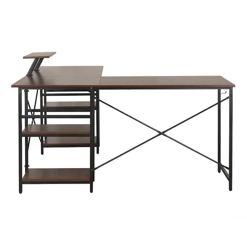 L-Shape Industrial Desk with storage shelves, Walnut