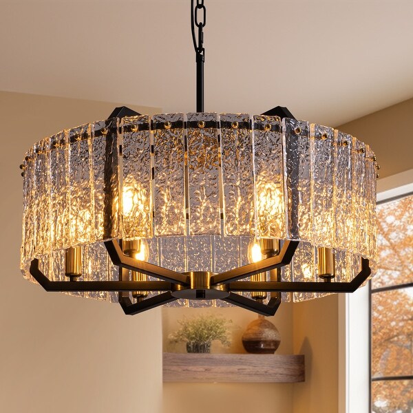 25 in. Black Modern Chandelier 6 Light Drum Pendant Light Water Ripple Glass Ceiling Lighting for Kitchen Island Dining Room On Sale Bed Bath Beyond 40193000