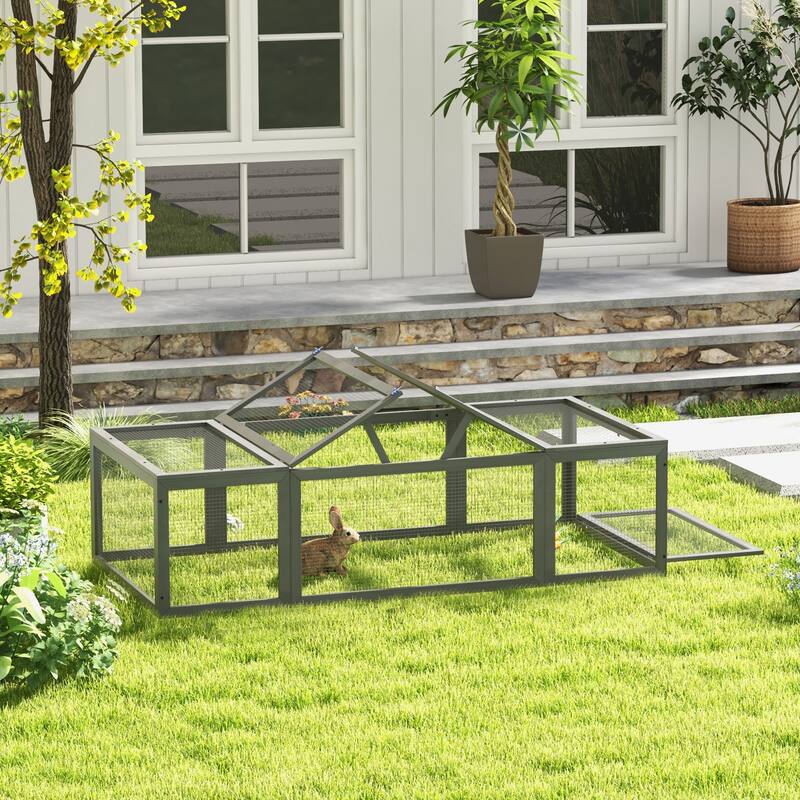 Grey Fir Wood Bunny Hutch with Large Run and Metal Wire Space for Small Pets - 70.75" L x 35.5" W x 19" H