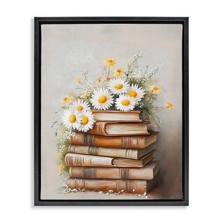 Stupell Book Stack with Daisies Framed Floater Canvas Wall Art Design ...