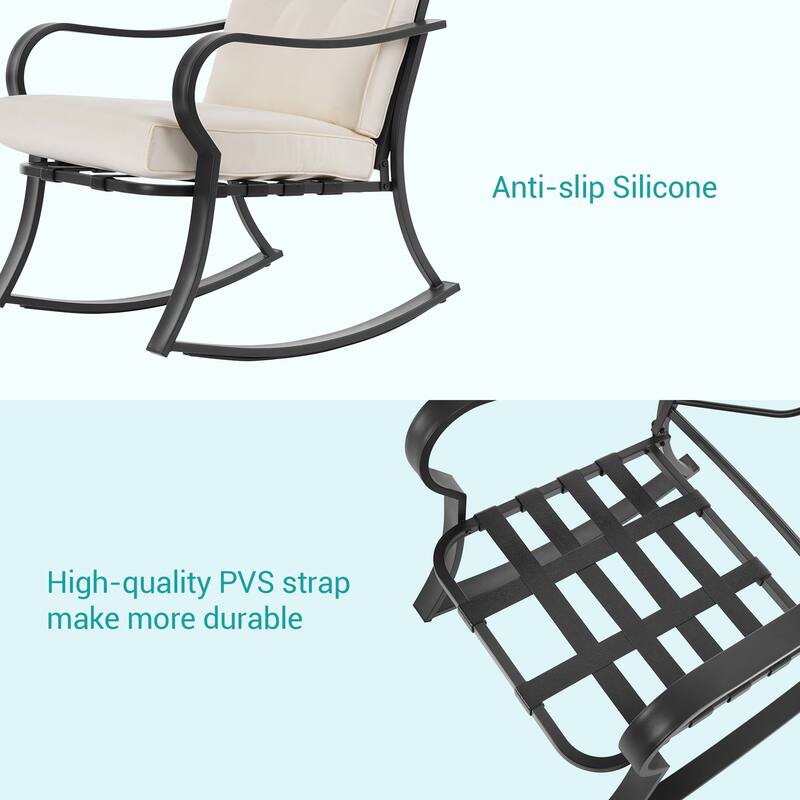 Bonosuki 3 Pieces Patio Bistro Set, Outdoor Funiture Set with 2 Rocking Chairs, Tempered Glass Top Coffee Table and Cushion
